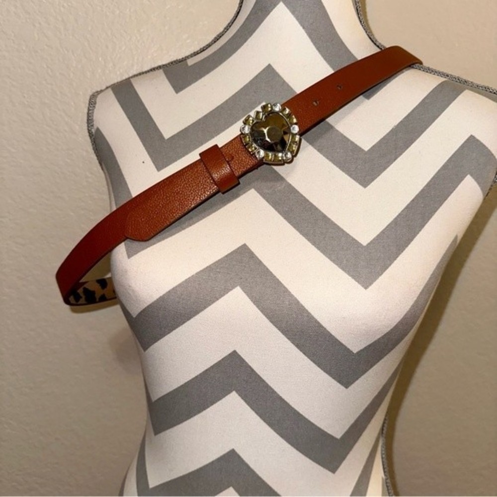 Betsey Johnson Jeweled Heart Buckle Cognac Brown Faux Leather Belt XL